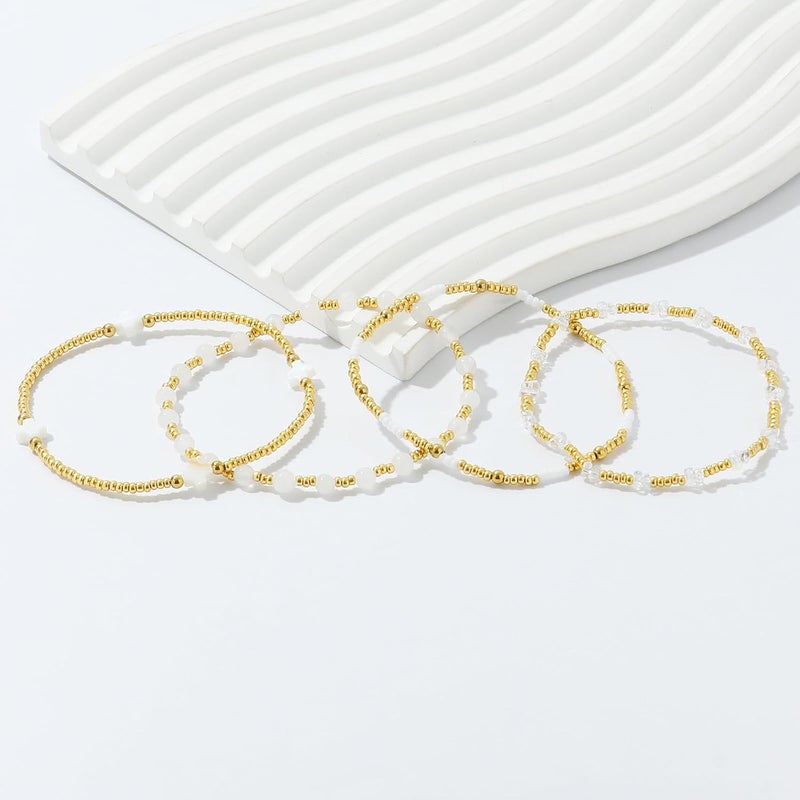 Pymach Store Dainty Gold Plated Pearl Crystal Beaded Bracelets Set for Women 14K Gold Plated Bead Pearl Beads Bracelet Stackable Paperclip Link Chain Bracelets Gold Plated Bracelets for Women Trendy Jewelry - Image 3